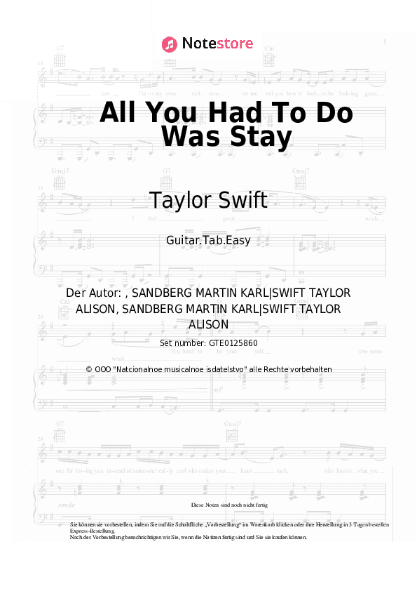 Einfache Tabs Taylor Swift - All You Had To Do Was Stay - Gitarre.Tabs.Easy