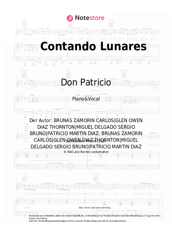 Noten mit Gesang Don Patricio, Cruz Cafune - Contando Lunares - Klavier&Gesang