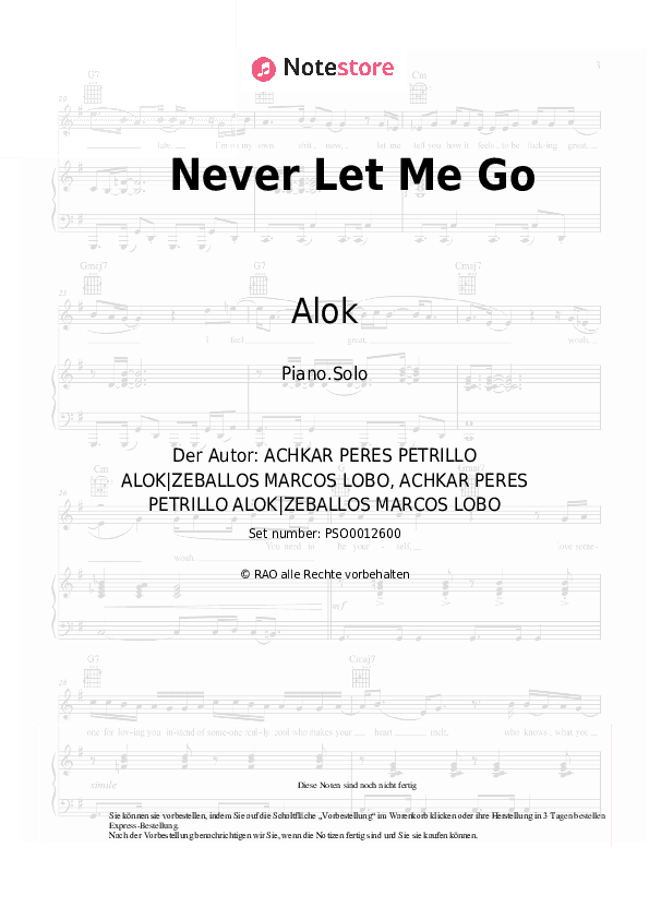 Noten Alok, Bruno Martini, Zeeba - Never Let Me Go - Klavier.Solo