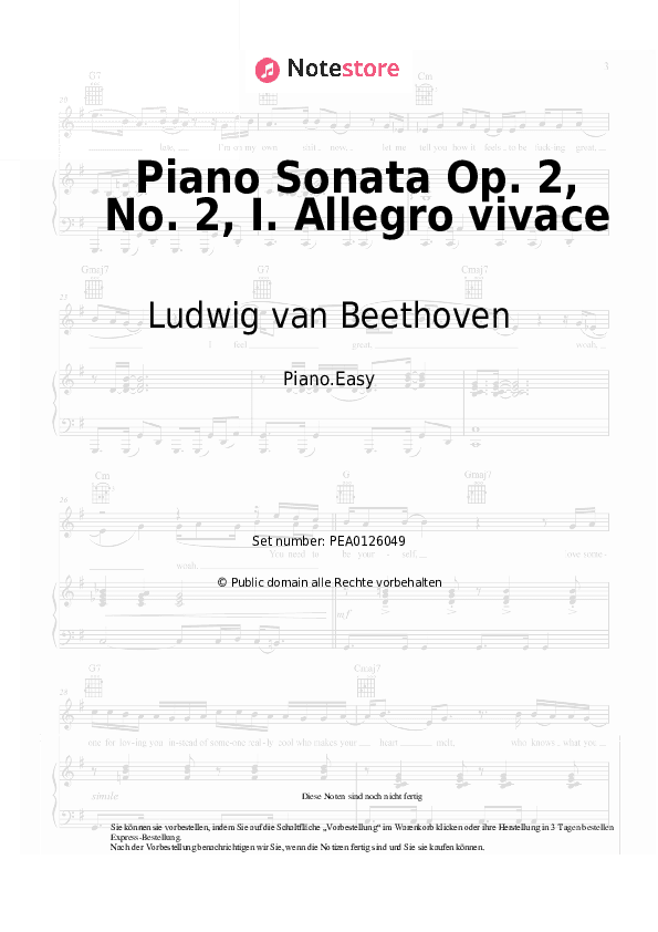 Einfache Noten Ludwig van Beethoven - Piano Sonata Op. 2, No. 2, I. Allegro vivace - Klavier.Einfach