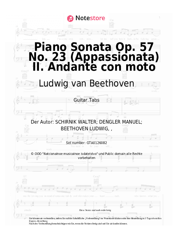 Tabs Ludwig van Beethoven - Piano Sonata Op. 57 No. 23 (Appassionata) II. Andante con moto - Gitarre.Tabs