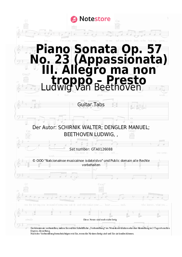 Tabs Ludwig van Beethoven - Piano Sonata Op. 57 No. 23 (Appassionata) III. Allegro ma non troppo – Presto - Gitarre.Tabs