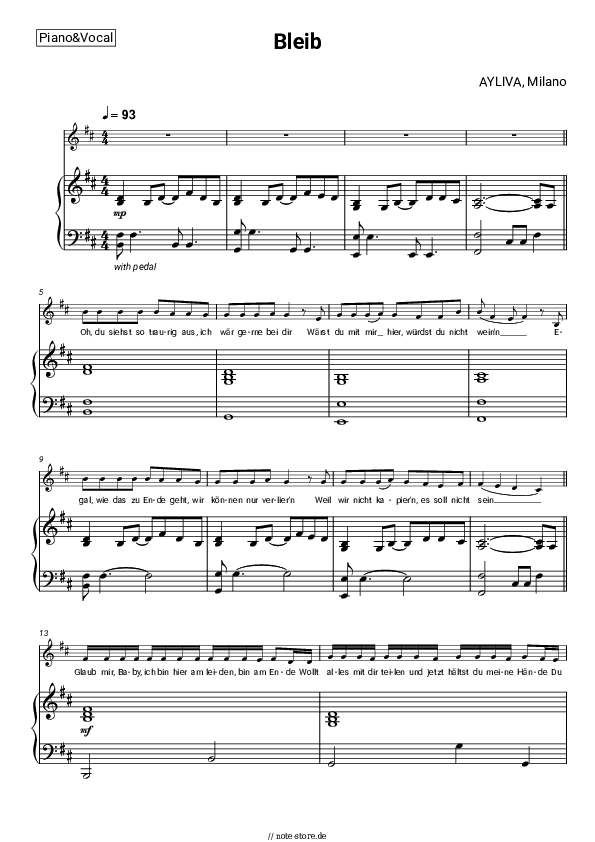 Noten mit Gesang AYLIVA, Milano - Bleib - Klavier&Gesang