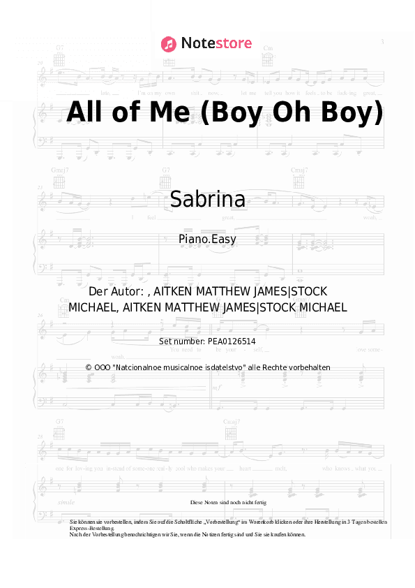 Einfache Noten Sabrina - All of Me (Boy Oh Boy) - Klavier.Einfach