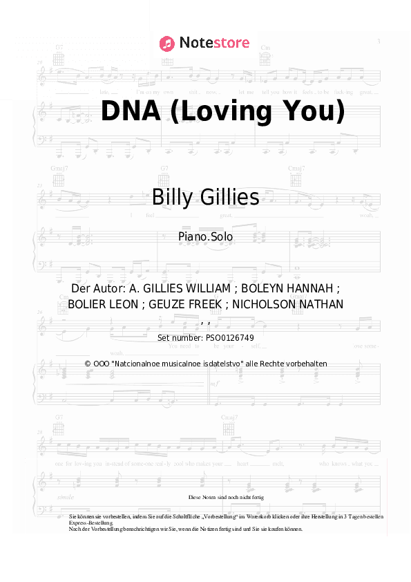 Noten Billy Gillies, Hannah Boleyn - DNA (Loving You) - Klavier.Solo