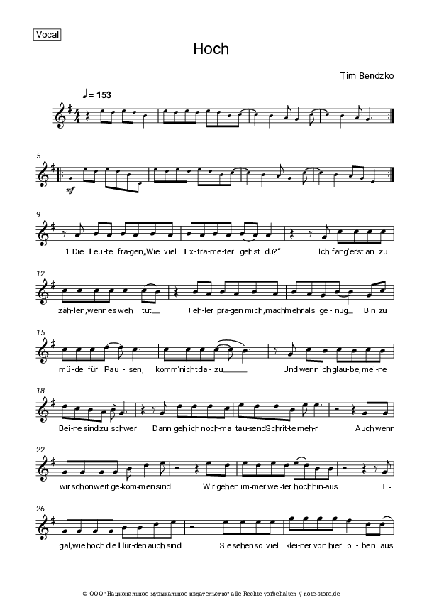 Noten Tim Bendzko - Hoch - Gesang