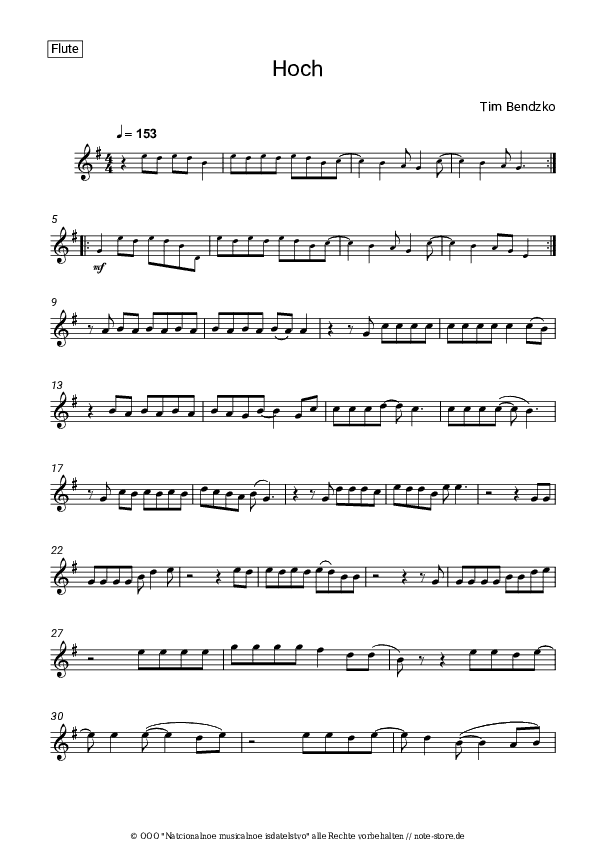 Noten Tim Bendzko - Hoch - Flöte