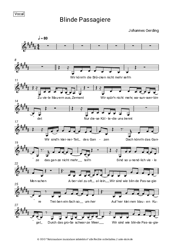 Noten Johannes Oerding - Blinde Passagiere - Gesang