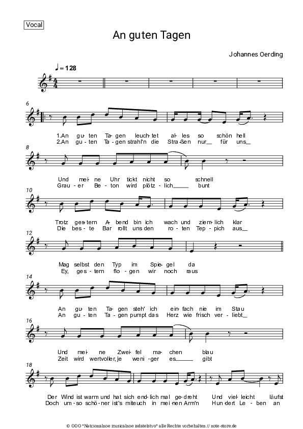 Noten Johannes Oerding - An guten Tagen - Gesang