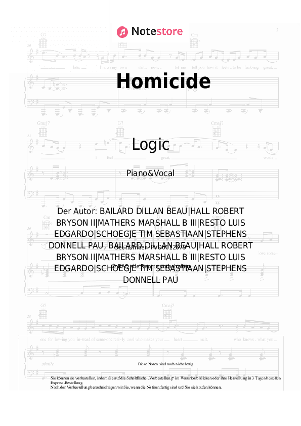 Noten mit Gesang Logic, Eminem - Homicide - Klavier&Gesang