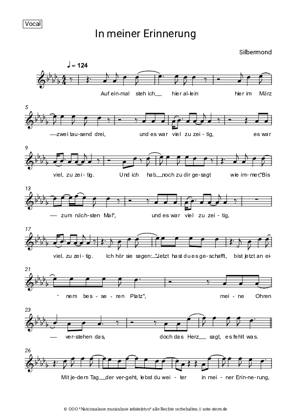 Noten Silbermond - In meiner Erinnerung - Gesang