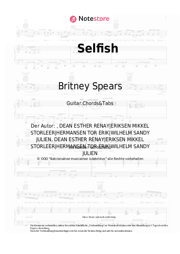 Akkorde Britney Spears - Selfish - Gitarren.Akkorde&Tabas