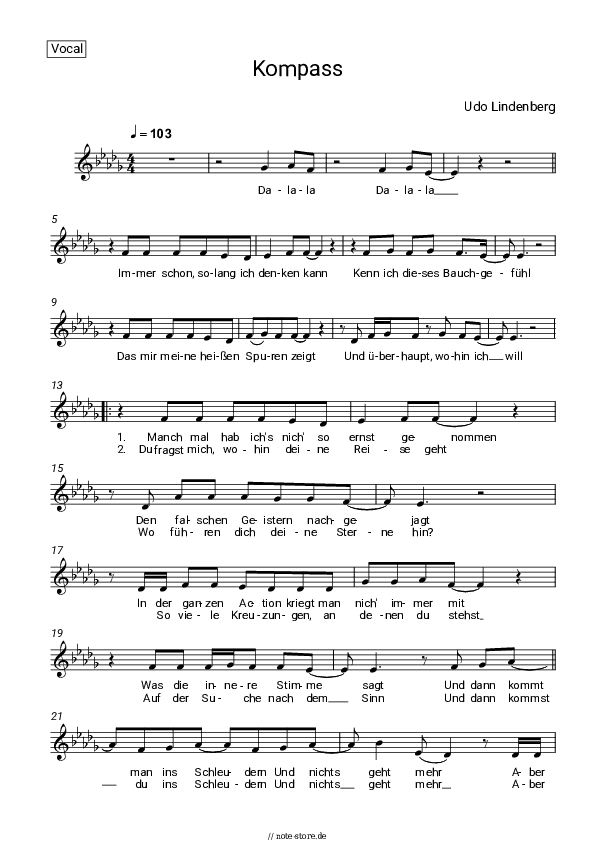 Noten Udo Lindenberg - Kompass - Gesang