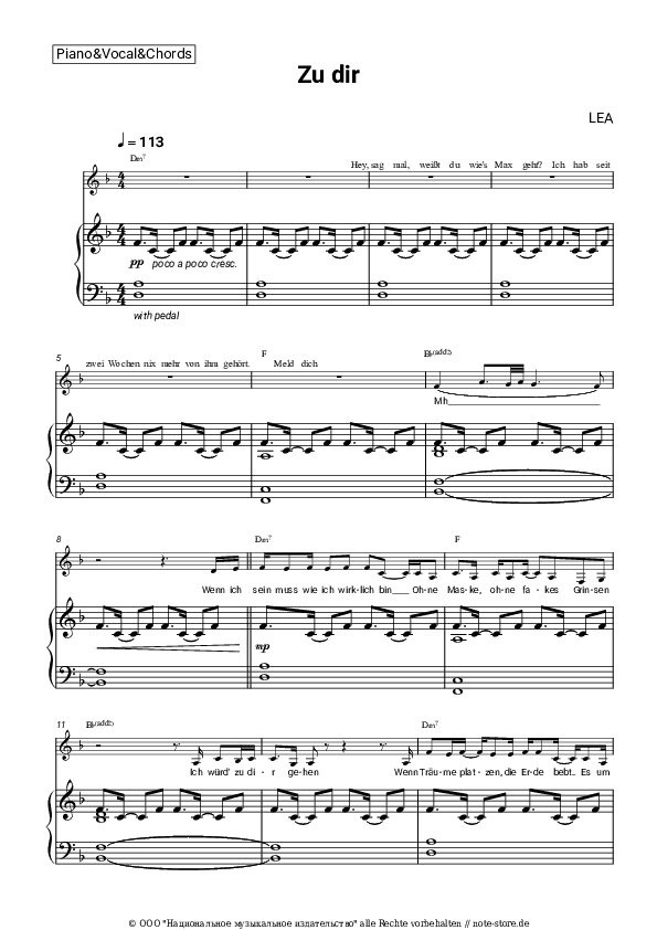 Noten und Akkorde LEA - Zu dir - Klavier&Gesang&Akkorde