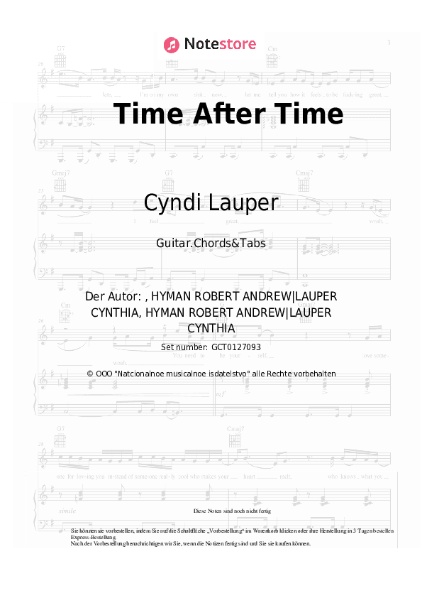 Akkorde Cyndi Lauper - Time After Time - Gitarren.Akkorde&Tabas