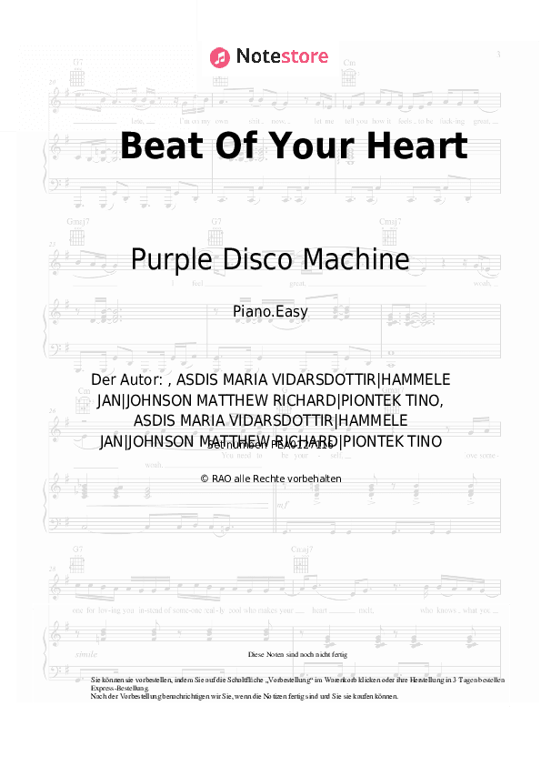 Einfache Noten Purple Disco Machine, ASDÍS - Beat Of Your Heart - Klavier.Einfach