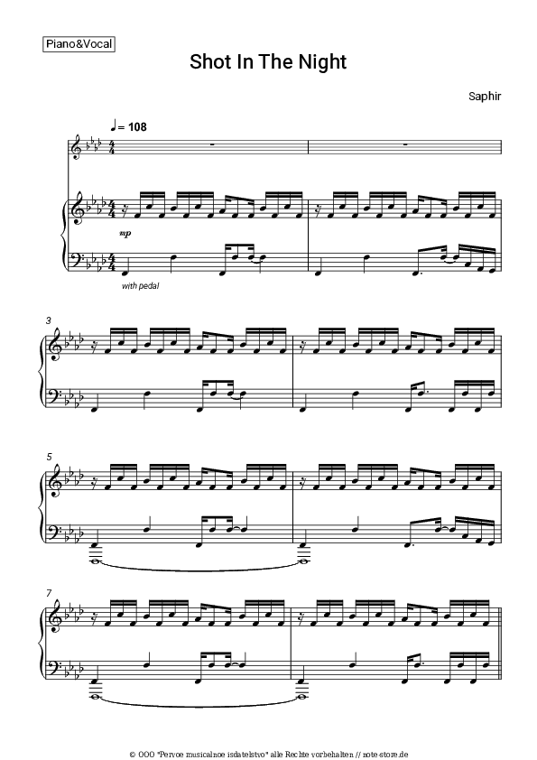 Noten mit Gesang SAPHIR - Shot In The Night - Klavier&Gesang
