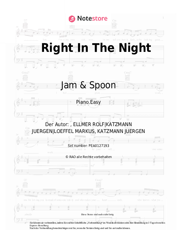 Einfache Noten Jam & Spoon, Plavka - Right In The Night - Klavier.Einfach