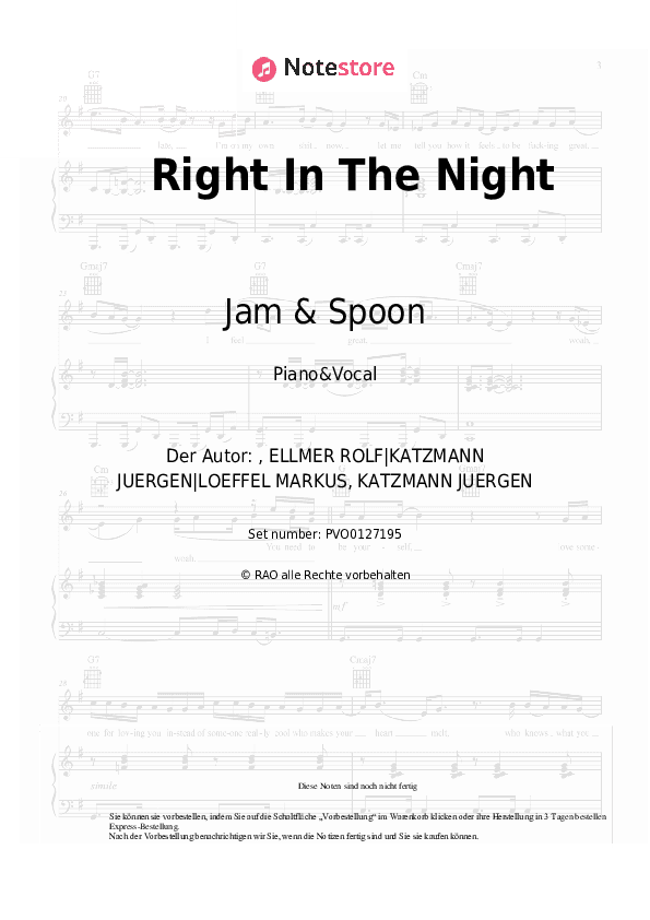 Noten mit Gesang Jam & Spoon, Plavka - Right In The Night - Klavier&Gesang