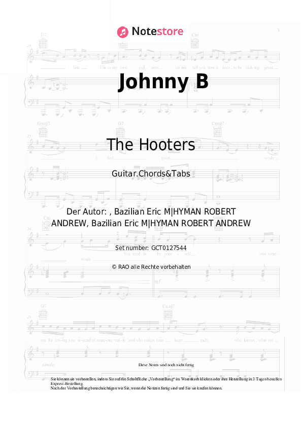 Akkorde The Hooters - Johnny B - Gitarren.Akkorde&Tabas
