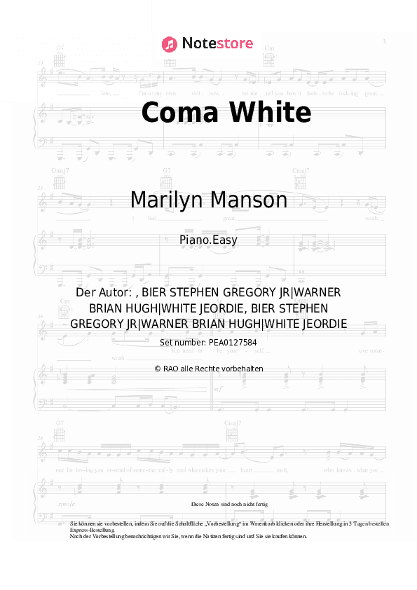 Einfache Noten Marilyn Manson - Coma White - Klavier.Einfach