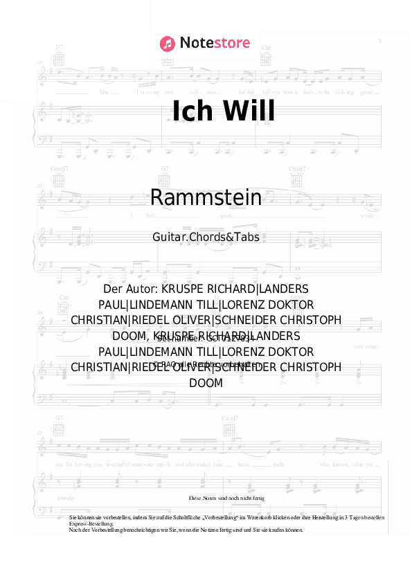 Akkorde Rammstein - Ich Will - Gitarren.Akkorde&Tabas