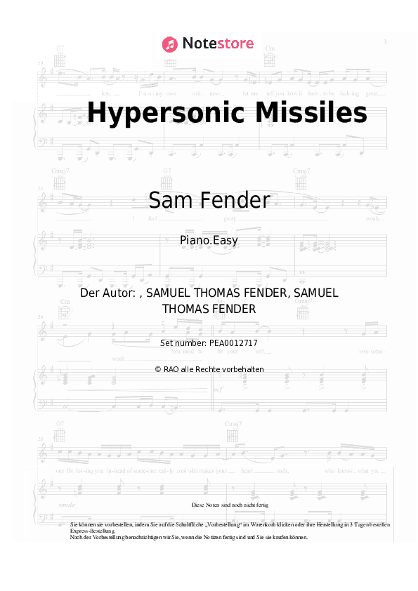 Einfache Noten Sam Fender - Hypersonic Missiles - Klavier.Einfach
