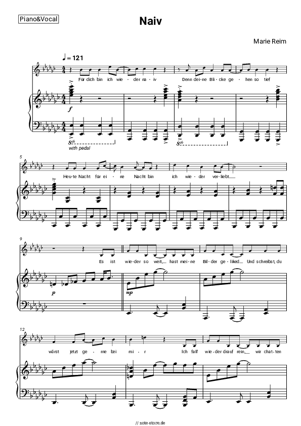 Noten mit Gesang Marie Reim - Naiv - Klavier&Gesang