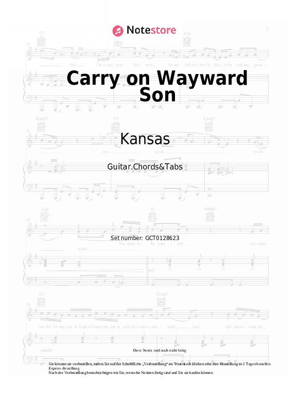 Akkorde Kansas - Carry on Wayward Son - Gitarren.Akkorde&Tabas