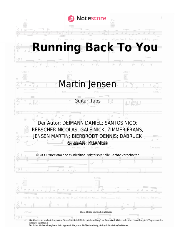 Tabs Martin Jensen, Alle Farben, Nico Santos - Running Back To You - Gitarre.Tabs