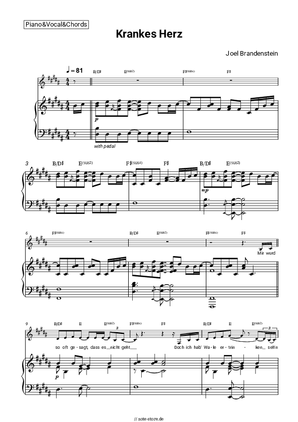 Noten und Akkorde Joel Brandenstein - Krankes Herz - Klavier&Gesang&Akkorde