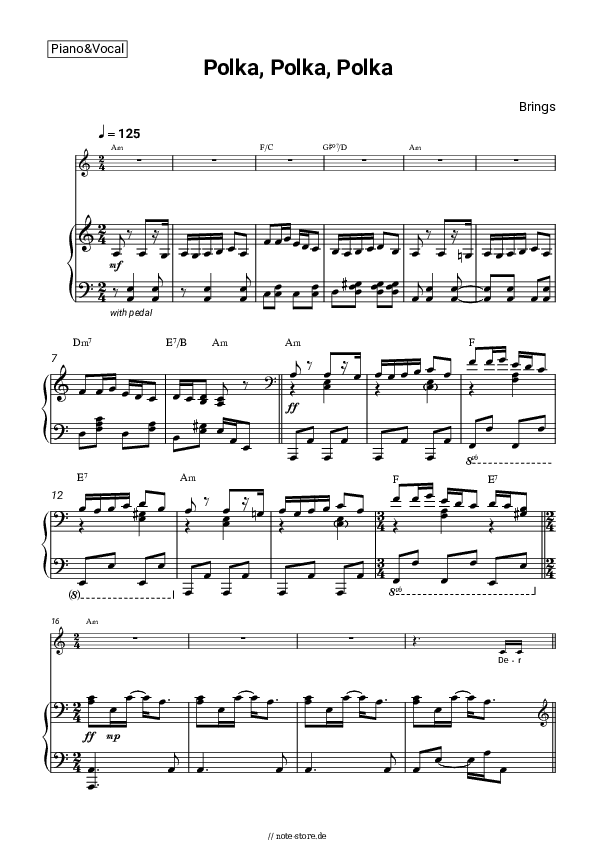 Noten und Akkorde Brings - Polka, Polka, Polka - Klavier&Gesang&Akkorde