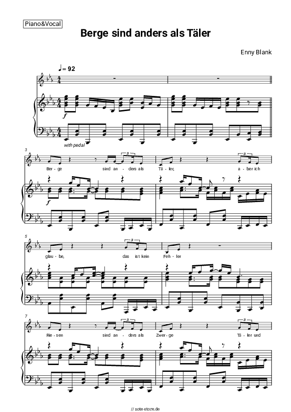 Noten mit Gesang Enny Blank - Berge sind anders als Täler - Klavier&Gesang