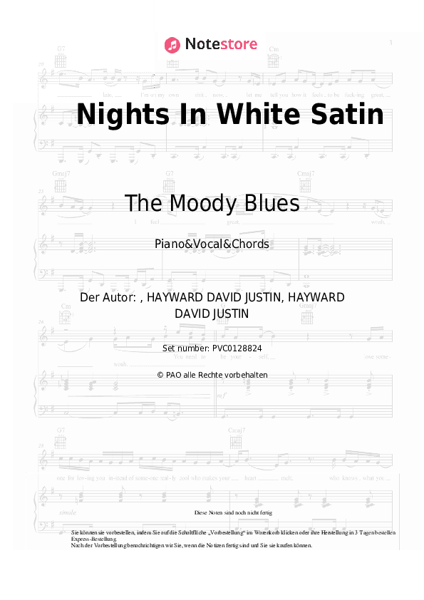 Noten und Akkorde The Moody Blues - Nights In White Satin - Klavier&Gesang&Akkorde