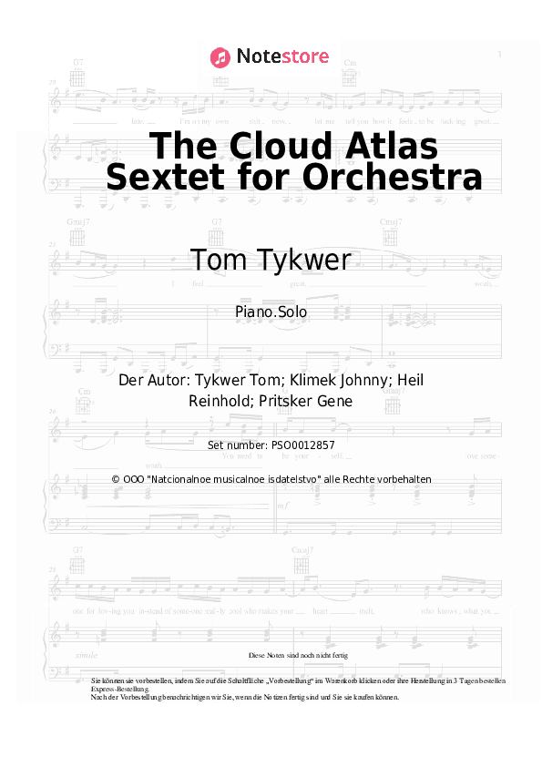 Noten Tom Tykwer, Johnny Klimek, Reinhold Heil - The Cloud Atlas Sextet for Orchestra - Klavier.Solo