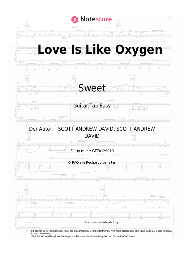 Einfache Tabs Sweet - Love Is Like Oxygen - Gitarre.Tabs.Easy