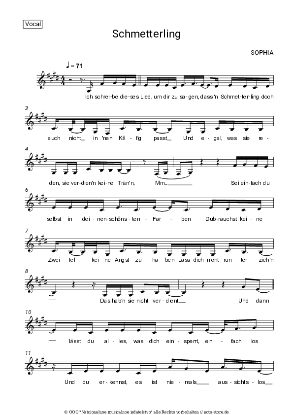 Noten SOPHIA - Schmetterling - Gesang