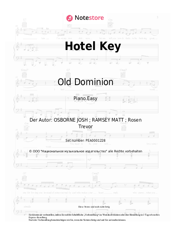 Einfache Noten Old Dominion - Hotel Key - Klavier.Einfach