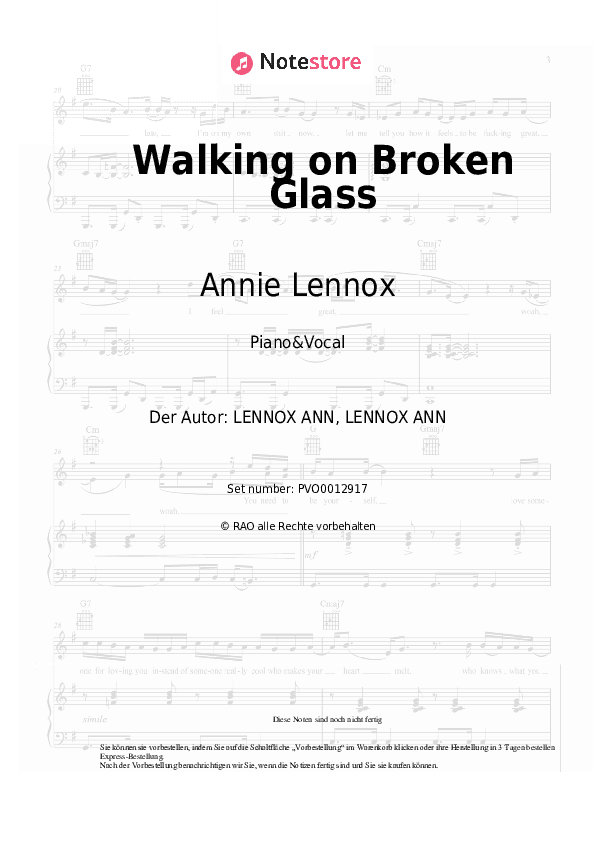 Noten mit Gesang Annie Lennox - Walking on Broken Glass - Klavier&Gesang
