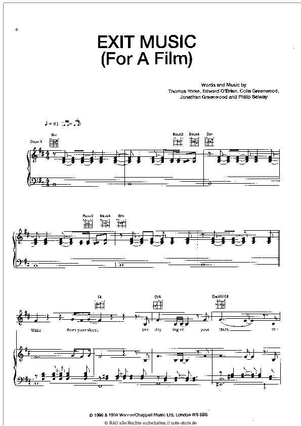 Noten mit Gesang Radiohead - Exit Music (For A Film) - Klavier&Gesang