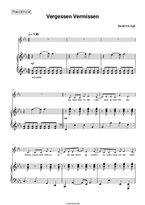 Noten mit Gesang Beatrice Egli - Vergessen Vermissen - Klavier&Gesang