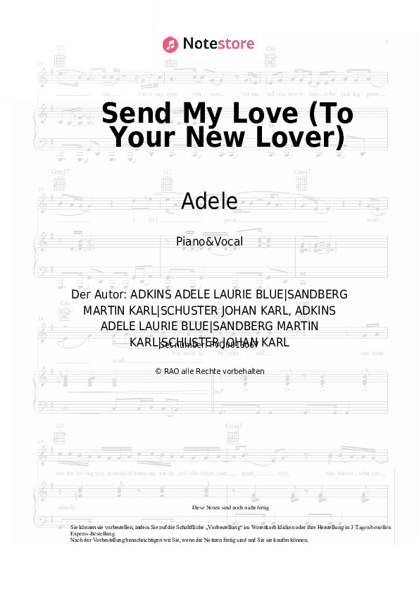 Noten mit Gesang Adele - Send My Love (To Your New Lover) - Klavier&Gesang