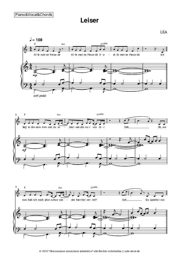 Noten und Akkorde LEA - Leiser - Klavier&Gesang&Akkorde