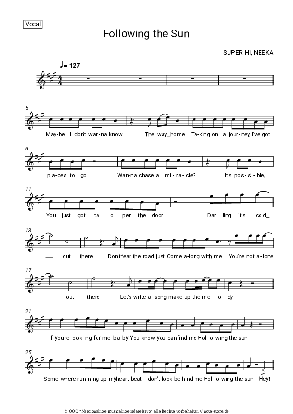Noten SUPER-Hi, Neeka - Following the Sun - Gesang