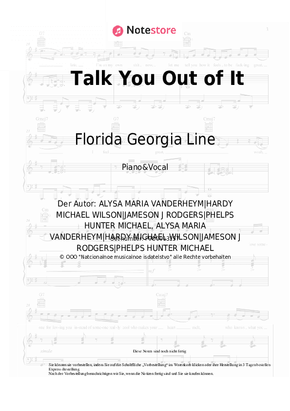 Noten mit Gesang Florida Georgia Line - Talk You Out of It - Klavier&Gesang