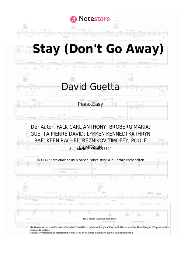 Einfache Noten David Guetta, RAYE - Stay (Don't Go Away) - Klavier.Einfach