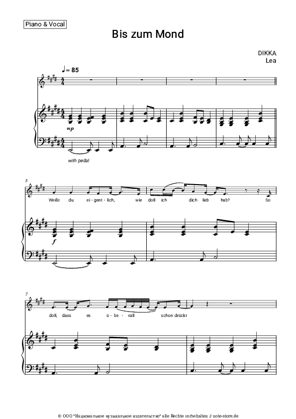 Noten mit Gesang DIKKA, LEA - Bis zum Mond - Klavier&Gesang