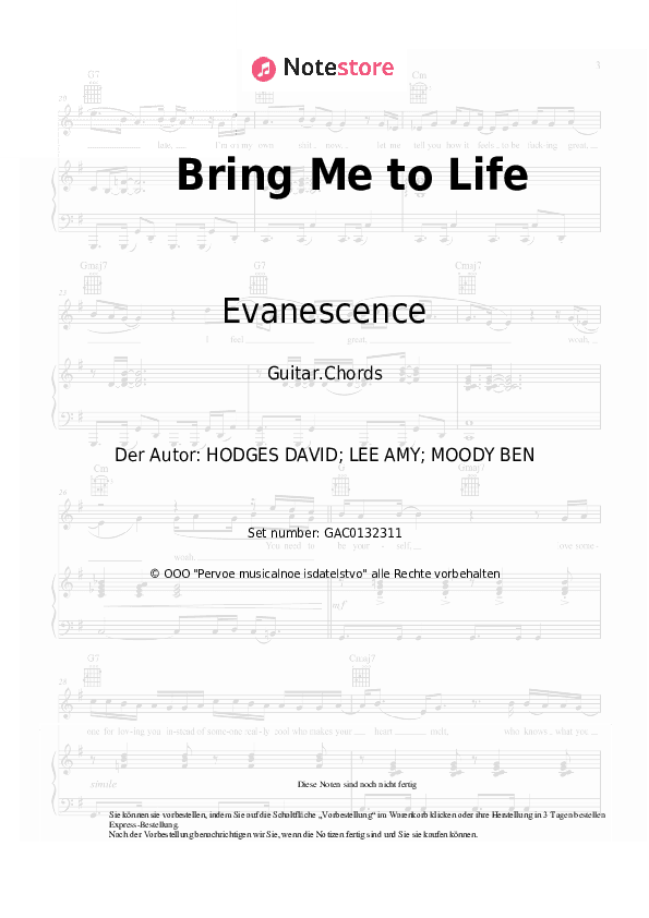Akkorde Evanescence - Bring Me to Life - Gitarre.Akkorde