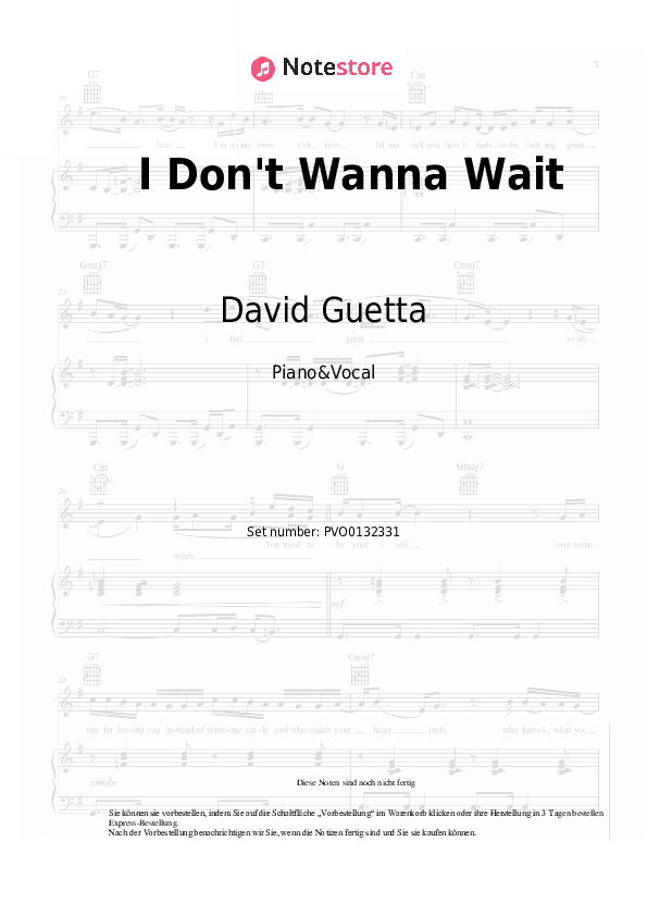 Noten mit Gesang David Guetta, OneRepublic - I Don't Wanna Wait - Klavier&Gesang