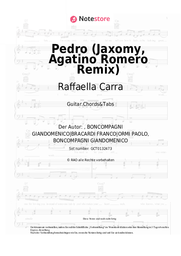 Akkorde Raffaella Carra - Pedro (Jaxomy, Agatino Romero Remix) - Gitarren.Akkorde&Tabas
